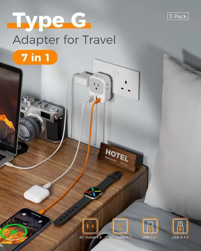 Alt view image 4 of 6 - Type G Adapter for Travel 3 Pack, US to UK Plug Adapter