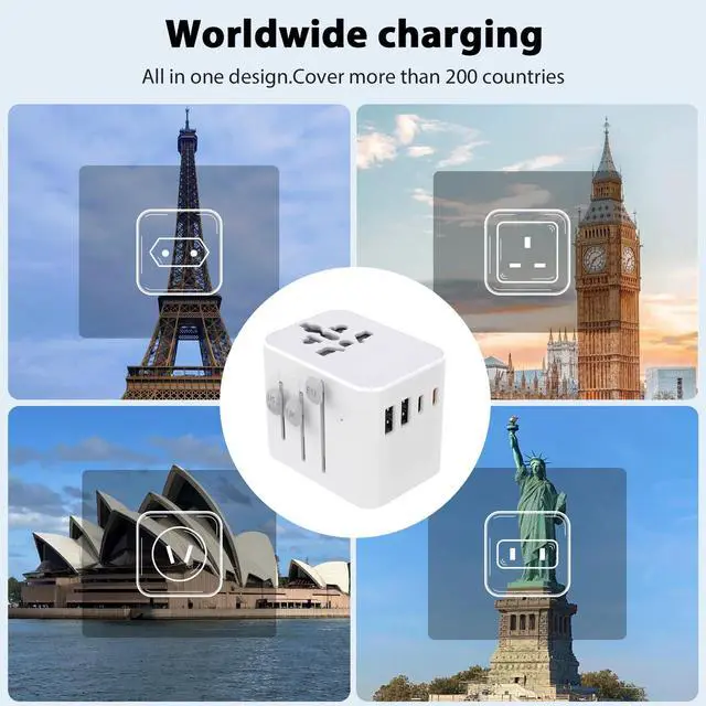 Alt view image 2 of 6 - European Travel Plug Adapter, Universal Travel Adapter with PD Fast Charging, 5-Port (1 AC/2 USB-A/2 USB-C) International Power Adapter with Fuse Surge Protection for US EU UK AU - White