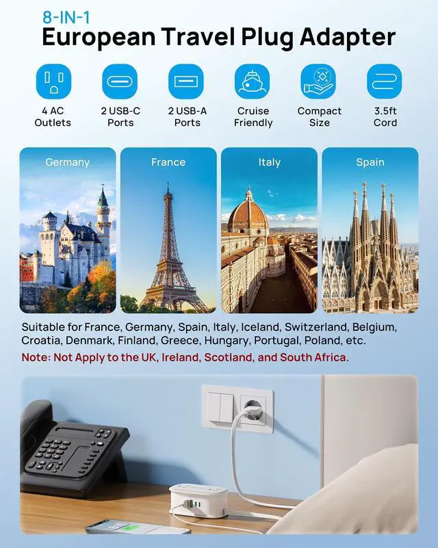 Alt view image 2 of 7 - European Travel Plug Adapter with 4 AC Outlets and 2 PD 20W USB C