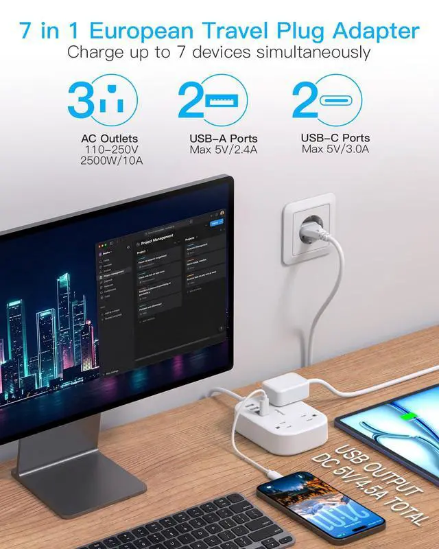 Alt view image 2 of 7 - European Travel Plug Adapter with 3Ft Extension Cord, US to Europe