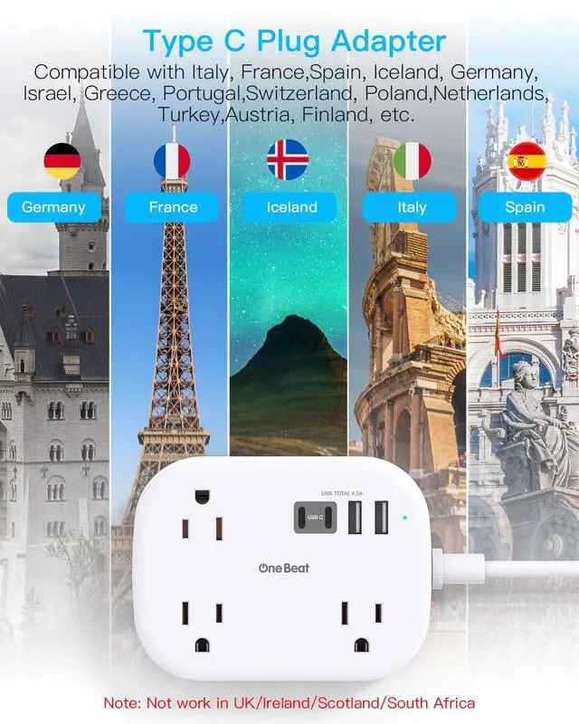 Alt view image 3 of 7 - European Travel Plug Adapter with 3Ft Extension Cord, US to Europe