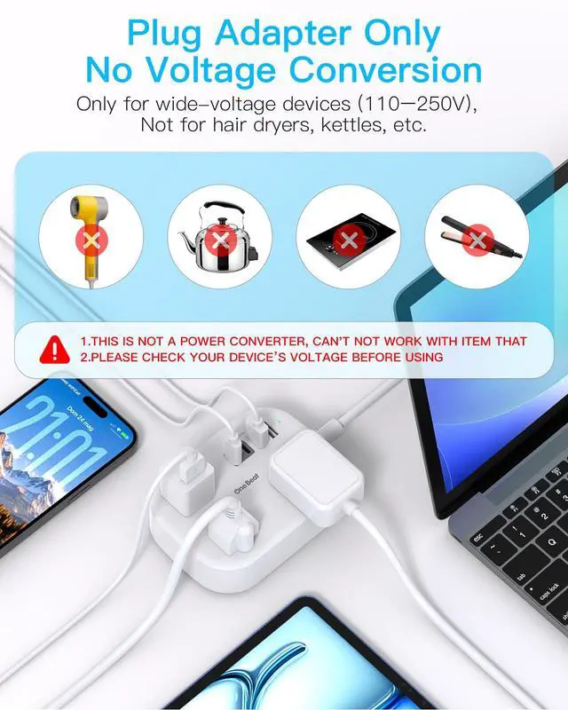 Alt view image 4 of 7 - European Travel Plug Adapter with 3Ft Extension Cord, US to Europe
