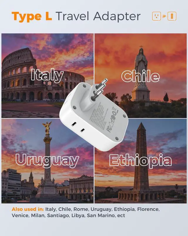 Alt view image 2 of 7 - Italy Travel Plug Adapter 2 Pack Type L