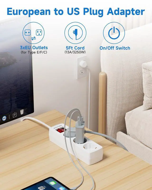 Alt view image 2 of 7 - European to US Plug Adapter 3 AC Outlets