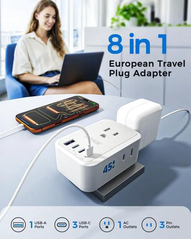 Alt view image 2 of 7 - 45W European Plug Adapter, US to Europe Universal Travel Adapter