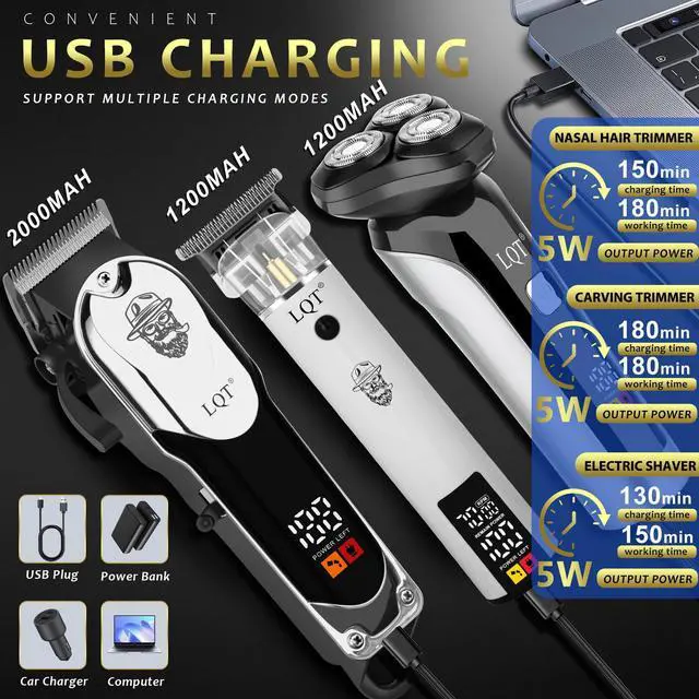 Alt view image 2 of 7 - Professional Barber Kit for Men, Cordless Hair Clipper, Trimmer & Rotary Shaver Set with LED Display, USB-C Rechargeable Battery,Precision Blades,Adjustable Speeds,Low Noise,Grooming Gifts for Men