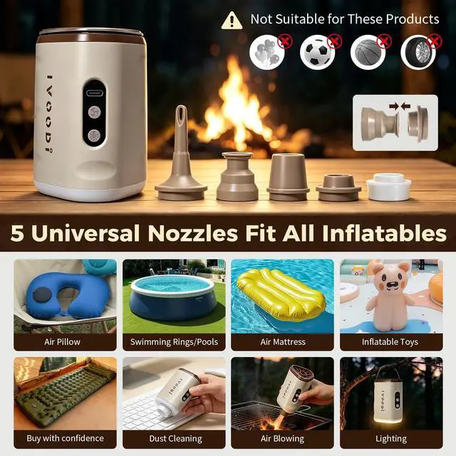 Alt view image 2 of 7 - Portable Air Pump for Inflatables, 8000kPa Rechargeable, 5 Nozzles