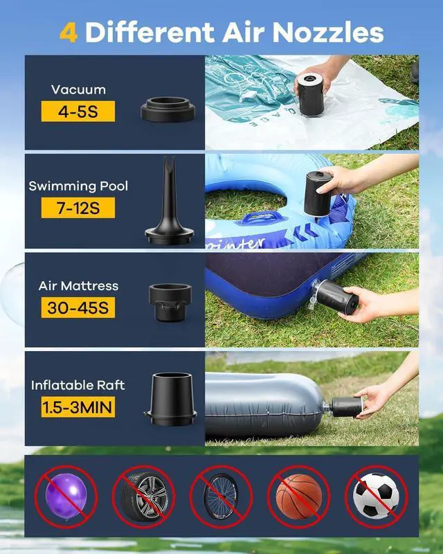 Alt view image 3 of 7 - Electric Air Pump,Rechargeable Paddle Board Air Mattress Pump Battery Powered Air Pump with Camping Light,4 Nozzles for Air Mattress Beds, Swimming Ring, Pool Floats/Toys