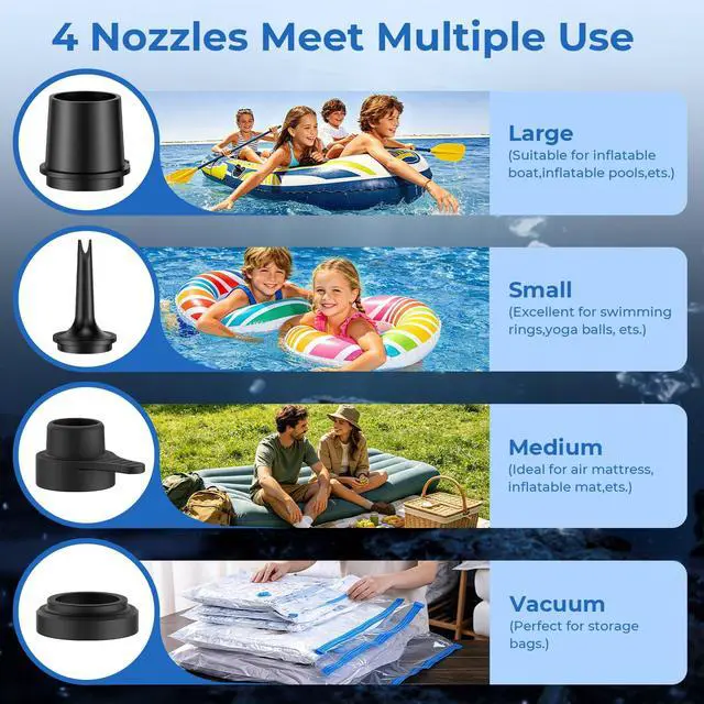 Alt view image 6 of 7 - Portable Air Pump for Inflatables, Air Mattress Pump 6000mAh Rechargeable,2026 Upgraded Metal Blades,4 Air Nozzles,Inflate Deflate for Camping Gear Pool Floats Air Bed