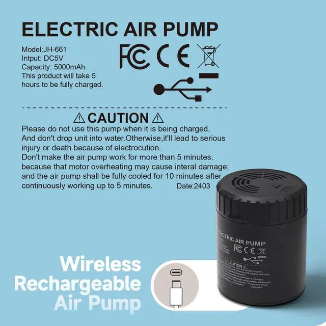 Alt view image 2 of 2 - Portable Air Pump with 5000mAh Battery, Type-C Rechargeable Quick-Fill Air Mattress Pump with 3 Nozzles, Perfect Inflator/Deflator Pumps for Outdoor Camping, Pool Toys, Boats, Swimming Ring