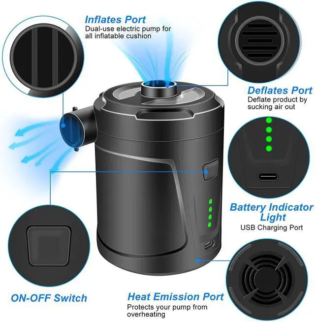 Alt view image 6 of 7 - Electric Air Pump for Inflatables 5200mAh Air Mattress Pump Rechargeable Portable Mini Inflator/Deflator Pumps for Outdoor Camping, Inflatable Cushions, Air Mattress Beds, Swimming Ring Pool Toys