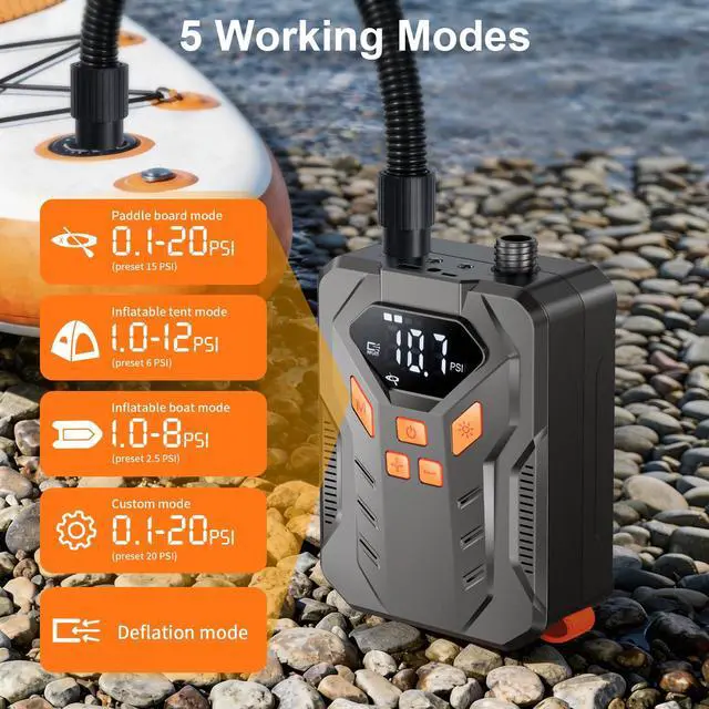 Alt view image 4 of 7 - Rechargeable 20PSI Electric Paddle Board Pump, Inflation & Deflation