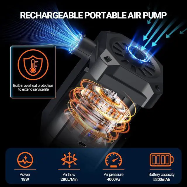 Alt view image 2 of 7 - Electric Air Pump for Inflatables, 4kPa Portable Air Pump with 3 Nozzles, 5200mAh Rechargeable Battery, USB Fast Charging for Air Mattress, Pool Floats, Swimming Rings