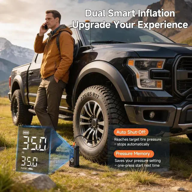 Alt view image 6 of 7 - Tire Inflator Portable Air Compressor, Dual Power-3 * 2000mAh & 12V DC | Lightning-Fast Inflation, Auto Shut-off, Cordless Air Pump for Car Tires, Bikes, Balls with LED & Digital Pressure Gauge