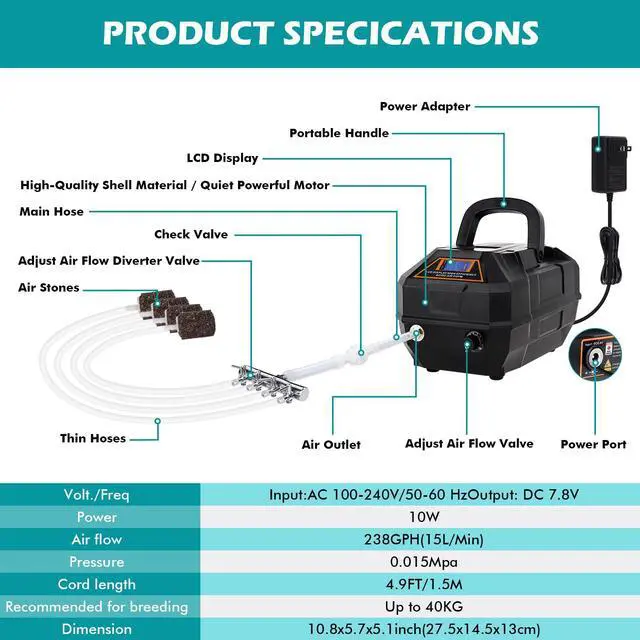 Alt view image 6 of 6 - Rechargeable Aquarium Pond Air Pump, Powerful Quiet Commercial Tank Air Pump with Hose Air Stone Check Valve Adjustable Flow 4-outlets Diverter Valve for Fishing Yacht/Power Outages/Hydroponic