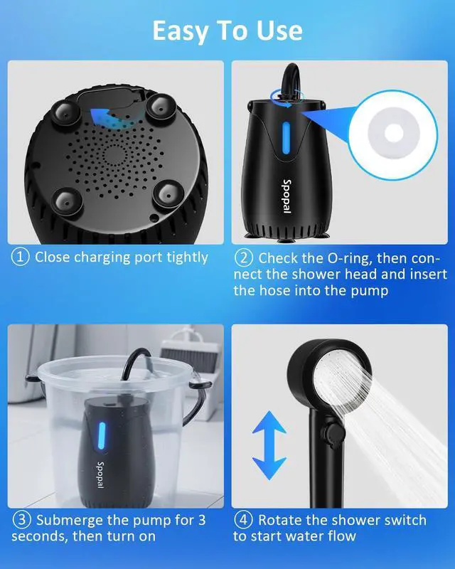 Alt view image 7 of 7 - Portable Camping Shower Pump, 8000mAh Rechargeable with Night Light