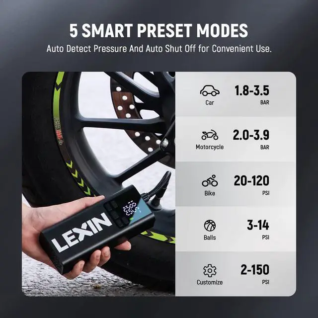 Alt view image 3 of 7 - P5 Portable Tire Inflator, 150 PSI Air Pump for Car, Motorcycle, Bike