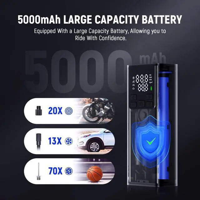 Alt view image 5 of 7 - P5 Portable Tire Inflator, 150 PSI Air Pump for Car, Motorcycle, Bike