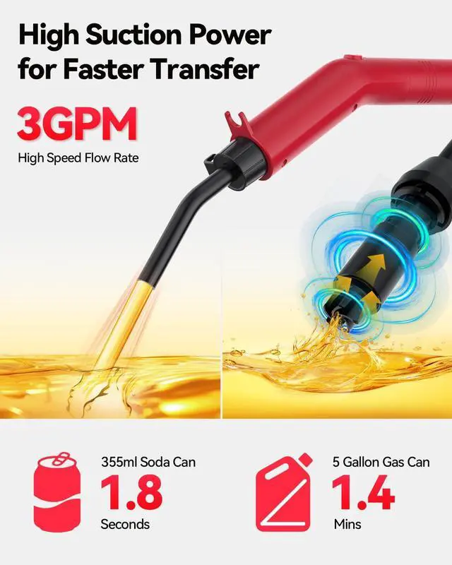 Alt view image 3 of 7 - Fuel Transfer Pump 3GPM, USB Rechargeable Electric Siphon Pump for Gasoline Diesel Water, Portable Leakproof Gas Can Pump with Upgraded Hose Material & Build, Ultra-Fast Oil Transfer Pump