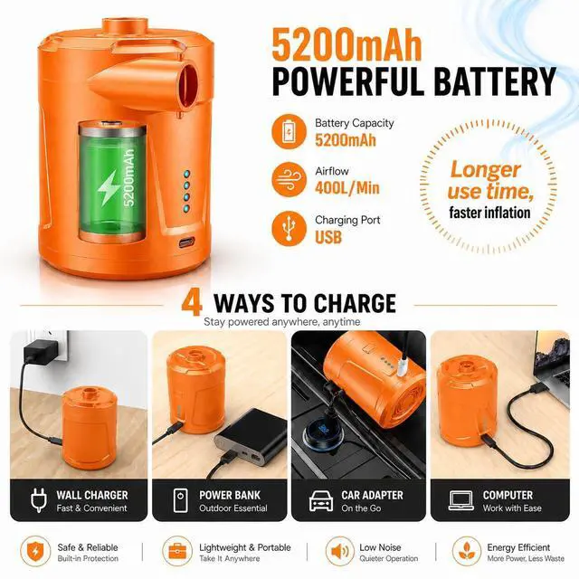 Alt view image 2 of 7 - Air Pump for Inflatables,Air Mattress Pump,5200mAh Battery,Camping Essentials,Electric Air Pump,4 Air Nozzles,Fast Inflate,Inflatable mat,Air Mattresses Beds,Pool Floats,Vacuum Storage
