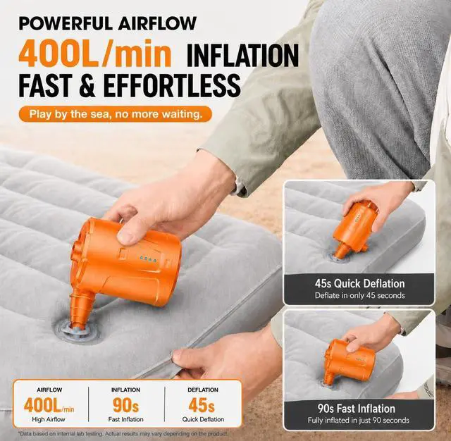 Alt view image 5 of 7 - Air Pump for Inflatables,Air Mattress Pump,5200mAh Battery,Camping Essentials,Electric Air Pump,4 Air Nozzles,Fast Inflate,Inflatable mat,Air Mattresses Beds,Pool Floats,Vacuum Storage