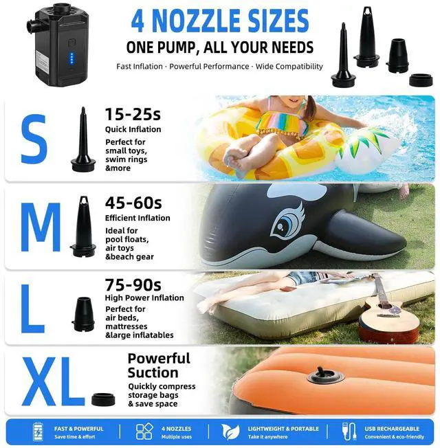 Alt view image 3 of 7 - Air Pump for Inflatables, Air Mattress Pump,5200mAh Rechargeable Air Mattress Pump with 4 Nozzles & LED Indicator, Quick-Fill Cordless Inflator Deflator for Pool Floats, Camping, Air Bed