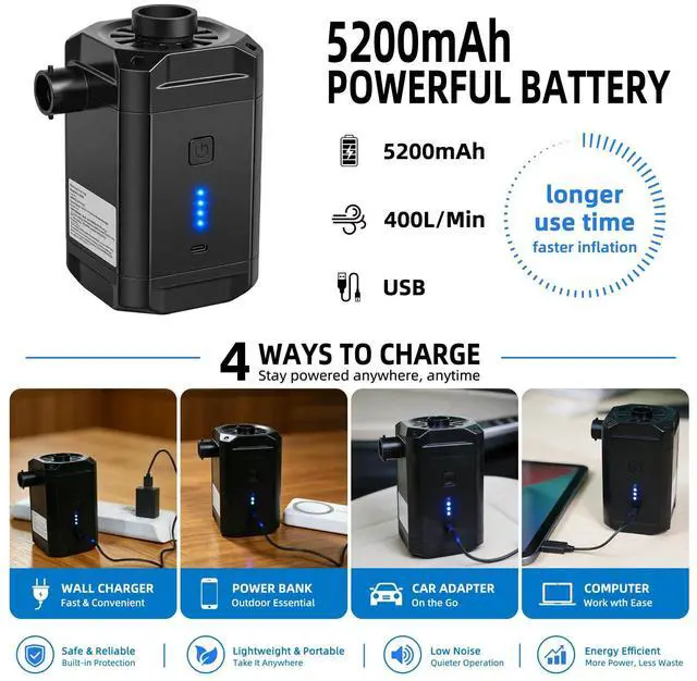 Alt view image 5 of 7 - Air Pump for Inflatables, Air Mattress Pump,5200mAh Rechargeable Air Mattress Pump with 4 Nozzles & LED Indicator, Quick-Fill Cordless Inflator Deflator for Pool Floats, Camping, Air Bed