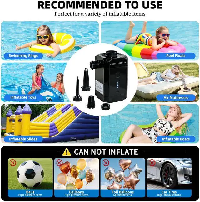 Alt view image 6 of 7 - Air Pump for Inflatables, Air Mattress Pump,5200mAh Rechargeable Air Mattress Pump with 4 Nozzles & LED Indicator, Quick-Fill Cordless Inflator Deflator for Pool Floats, Camping, Air Bed
