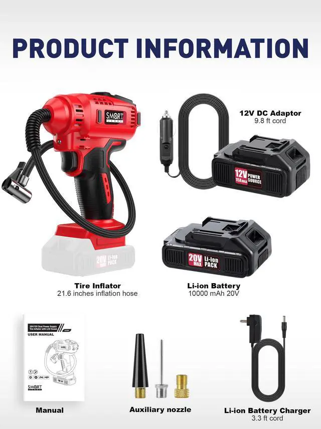 Alt view image 2 of 7 - Portable Tire Inflator for Car, 20V/12V Dual-Power & Max 150 PSI Design