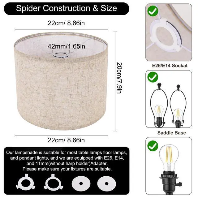 Alt view image 3 of 6 - Small Lamp Shade, Beige Drum Lampshade 8.7''Top X 8.7'' Bottom X 7.9'' High, Replacement Lamp Shade Natural Linen Hand Crafted for Table Lamps Floor Lamps Chandelier Lamp, Easy Assembly Required