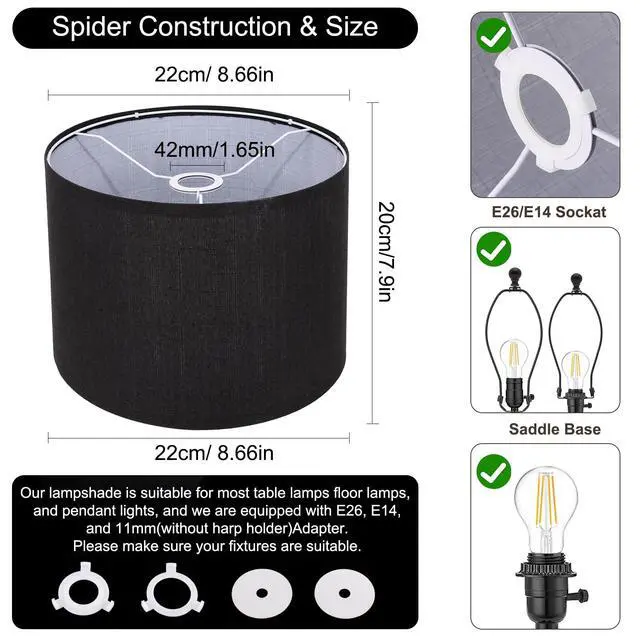 Alt view image 4 of 6 - Small Lamp Shade, Black Drum Lampshade 8.7''Top X 8.7'' Bottom X 7.9'' High, Replacement Lamp Shade Natural Linen Hand Crafted for Table Lamps Floor Lamps Chandelier Lamp, Easy Assembly Required