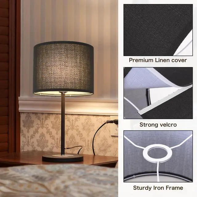 Alt view image 5 of 6 - Small Lamp Shade, Black Drum Lampshade 8.7''Top X 8.7'' Bottom X 7.9'' High, Replacement Lamp Shade Natural Linen Hand Crafted for Table Lamps Floor Lamps Chandelier Lamp, Easy Assembly Required
