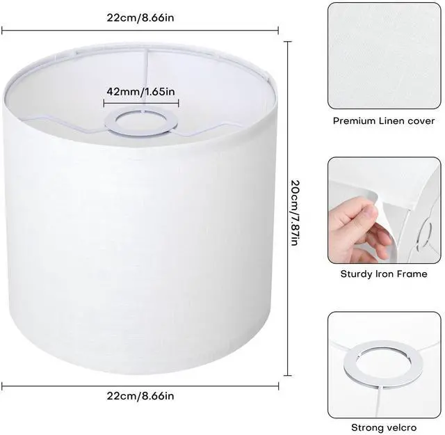 Alt view image 2 of 7 - White Linen Small Drum Lampshade, 8.66" Top x 8.66" Bottom x 7.87" High Lamp Shade, Lamp Shade Replacement for Table and Floor Lamps, Pendant LightHandcrafted LampshadeEasy Assembly
