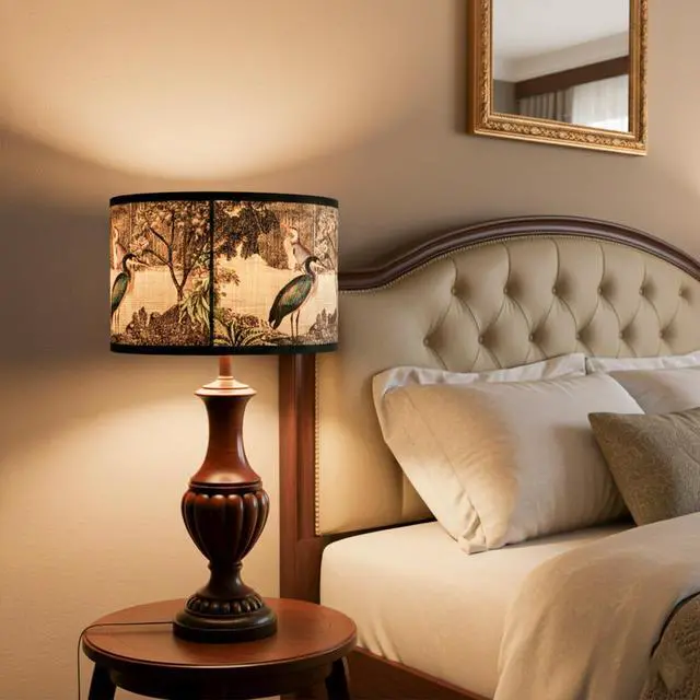 Alt view image 5 of 7 - Printed Lampshade Retro Art Deco Lamp Shade Drum Print Chandelier Cover for E26 E27 Lampholder, Decorative Bamboo Lampshade for Floor Table Hanging Light, 11.8 x 7.9 Inch Vintage Japanese Tropical