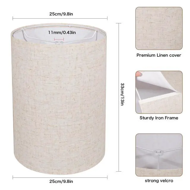 Alt view image 4 of 6 - Tall Drum Lamp Shade for Table Lamps, Floor Lamp, Cloth Lampshade 10" Top X 10" Bottom X 13" High, Beige Large Line Fabric, Easy Assembly