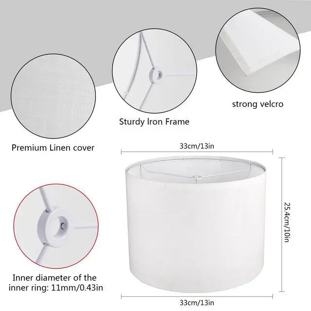 Alt view image 3 of 6 - White Lamp shade, Drum Lamp Shade for Table Lamps Floor Lamp, 13" Top X 13" Bottom X 10" High White Large Line Fabric Lamp Shade, Easy Assembly Replacement Lampshade