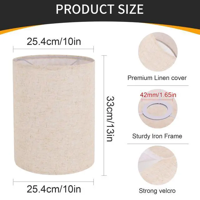 Alt view image 4 of 7 - Beige Linen Tall Drum Lampshade, 10" Top x 10" Bottom x 13" High Lamp Shade, Lamp Shade Replacement for Table and Floor Lamps, Pendant Light, Handcrafted Lampshade, Easy Assembly
