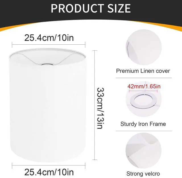 Alt view image 4 of 7 - White Linen Tall Drum Lampshade, 10" Top x 10" Bottom x 13" High Lamp Shade, Lamp Shade Replacement for Table and Floor Lamps, Pendant Light, Handcrafted Lampshade, Easy Assembly