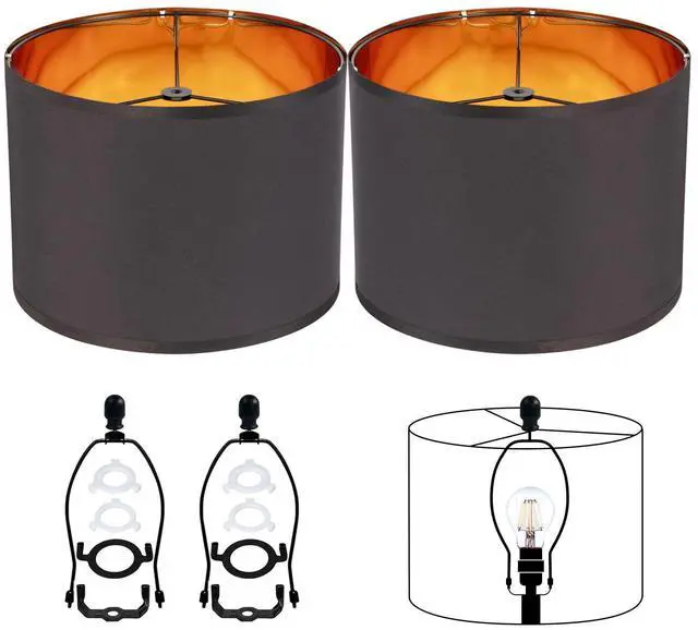 Main image of Black Lamp Shades Drum Set Of 2 Medium Gold 12-Inch Replacement Lamp Shades For Table Lamps,Floor Lamps,Diy Pendant Lights, Wall Lights,Harp Holder Included,Requires Assembly. (Black)