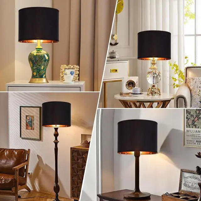 Alt view image 3 of 7 - Black Lamp Shades Drum Set Of 2 Medium Gold 12-Inch Replacement Lamp Shades For Table Lamps,Floor Lamps,Diy Pendant Lights, Wall Lights,Harp Holder Included,Requires Assembly. (Black)