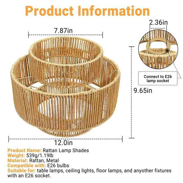 Alt view image 3 of 7 - Hanging Light Lamp Shades Boho Rattan Lamp Shades, Woven LampShades for Floor Lamps Rattan Pendant Lights Boho Lamp Ceiling Light, Plug in Pendant Light Fixtures Hanging Lamp 1.54lb
