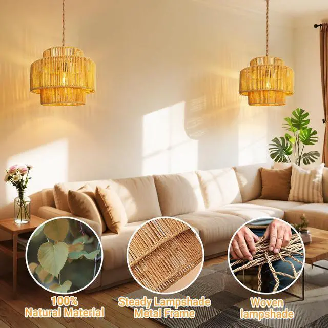 Alt view image 4 of 7 - Hanging Light Lamp Shades Boho Rattan Lamp Shades, Woven LampShades for Floor Lamps Rattan Pendant Lights Boho Lamp Ceiling Light, Plug in Pendant Light Fixtures Hanging Lamp 1.54lb