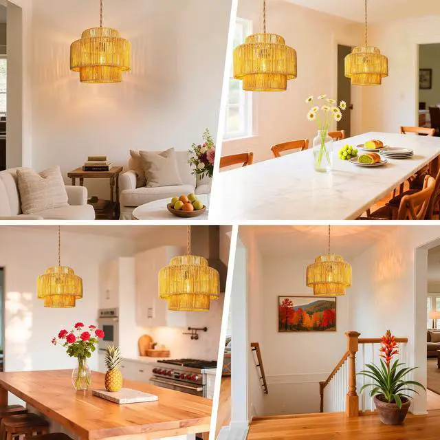 Alt view image 6 of 7 - Hanging Light Lamp Shades Boho Rattan Lamp Shades, Woven LampShades for Floor Lamps Rattan Pendant Lights Boho Lamp Ceiling Light, Plug in Pendant Light Fixtures Hanging Lamp 1.54lb