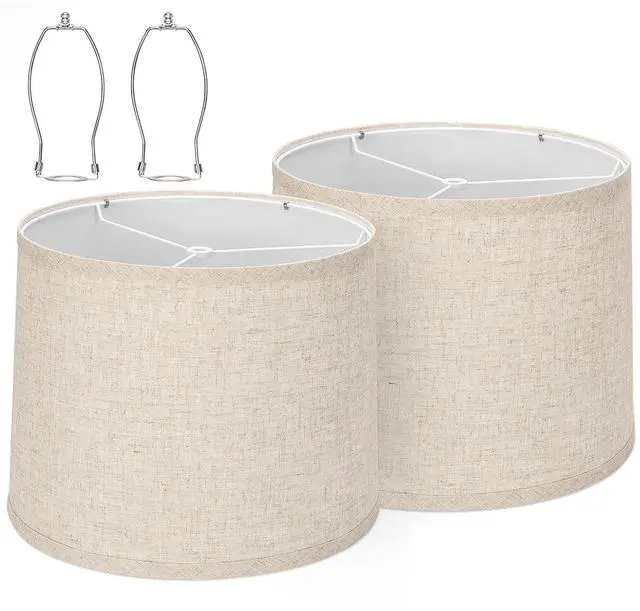 Main image of drum lamp shades Set of 2 for table lamps 11.6" Top x 12.6" Bottom x 9.8" High, Qvtekn Medium Beige Lampshades for floor lamps (Spider Fitter), Natural Linen Handcrafted with Easy Assembly