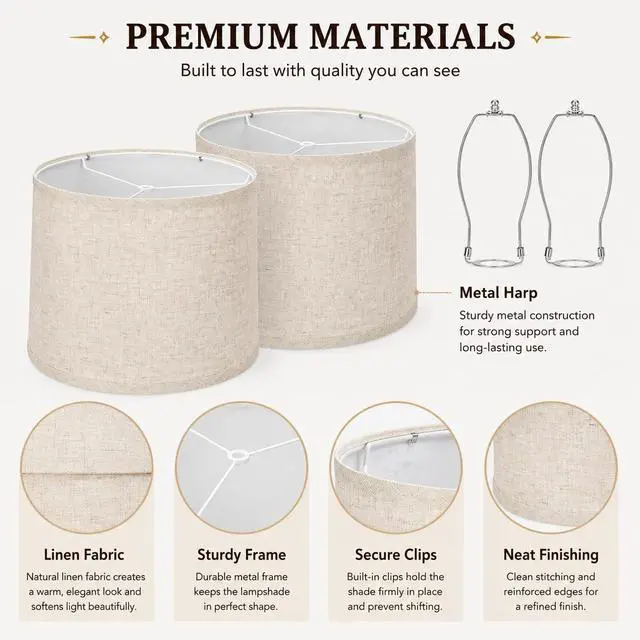Alt view image 3 of 7 - drum lamp shades Set of 2 for table lamps 11.6" Top x 12.6" Bottom x 9.8" High, Qvtekn Medium Beige Lampshades for floor lamps (Spider Fitter), Natural Linen Handcrafted with Easy Assembly