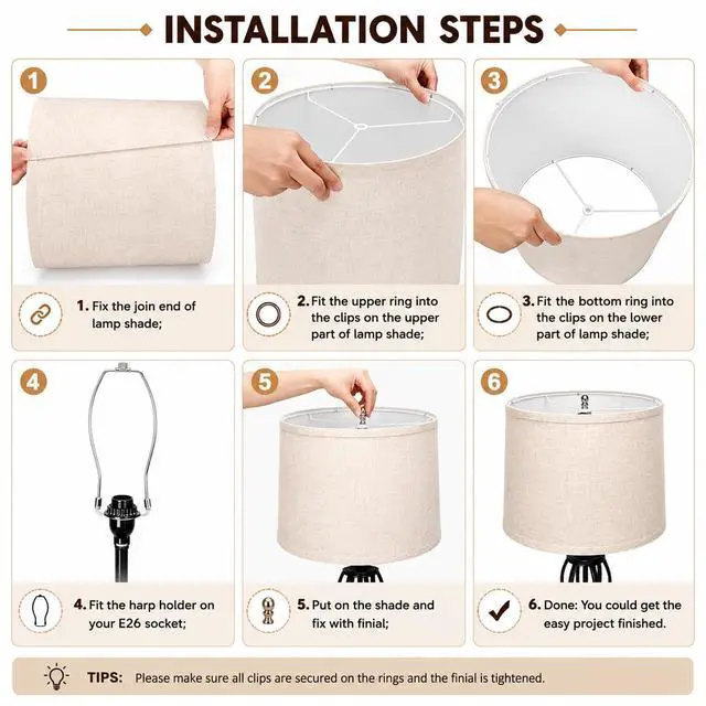 Alt view image 5 of 7 - drum lamp shades Set of 2 for table lamps 11.6" Top x 12.6" Bottom x 9.8" High, Qvtekn Medium Beige Lampshades for floor lamps (Spider Fitter), Natural Linen Handcrafted with Easy Assembly