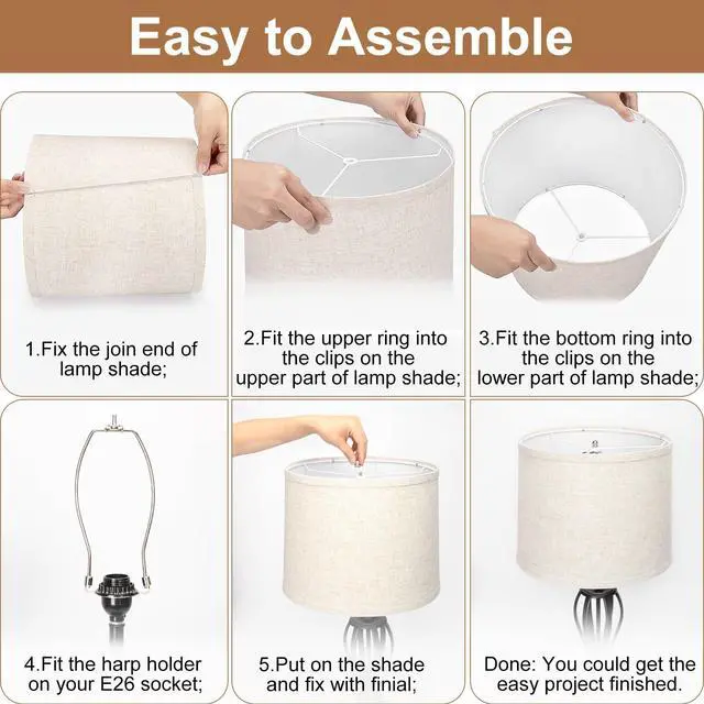 Alt view image 4 of 7 - Lampshades Set of 2, Drum Lampshades 11.6" Top x 12.6" Bottom x 9.8" High, Medium Lampshades (Spider Fitter), Beige Lampshades Natural Linen Hand Crafted, Easy Assembly Required