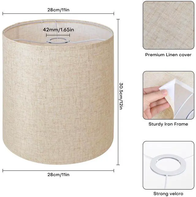Alt view image 2 of 7 - Beige Linen Tall Drum Lampshade, 11" Top x 11" Bottom x 12" High Lamp Shade, Lamp Shade Replacement for Table and Floor Lamps, Pendant LightHandcrafted LampshadeEasy Assembly