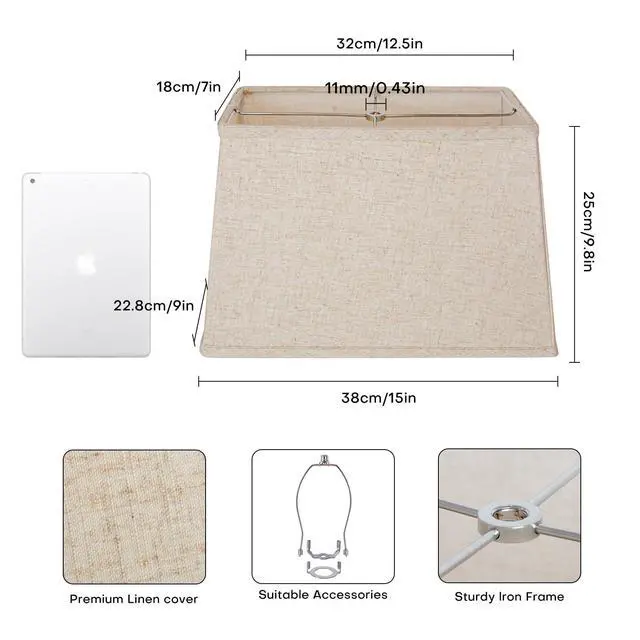 Alt view image 2 of 7 - Rectangular Lampshade, Large Beige Lamp Shade, (7 x 12.5) '' x (9 x 15) '' x 9.8 '', Includes 1 Shade Bracket, 2 Adapters, Suitable for Table Lamps and Floor Lamps, Easy Assembly