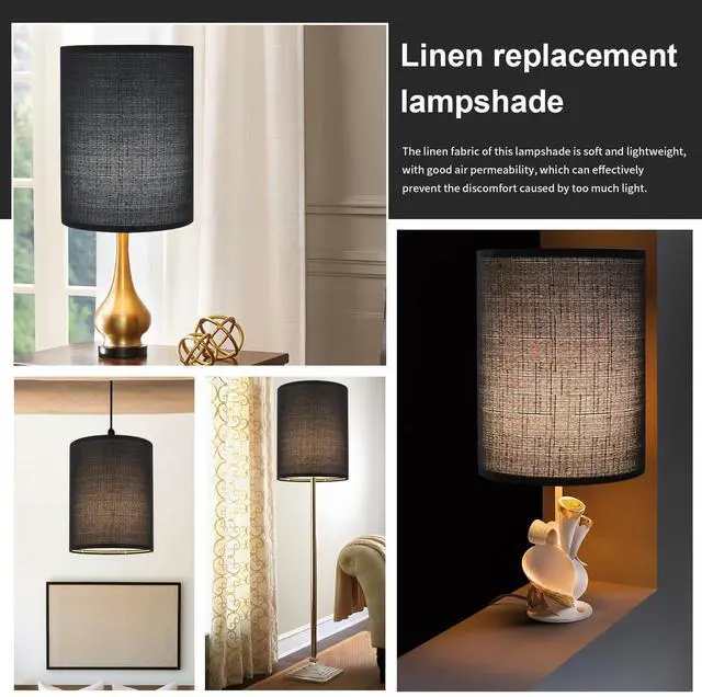 Alt view image 2 of 7 - Black Linen Tall Drum Lampshade, 10" Top x 10" Bottom x 13" High Lamp Shade, Lamp Shade Replacement for Table and Floor Lamps, Pendant Light, Handcrafted Lampshade, Easy Assembly